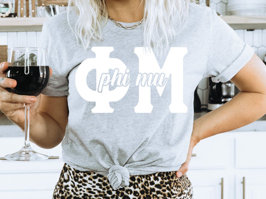Phi Mu Sliced White Letters Sorority T-shirt _ 2256g