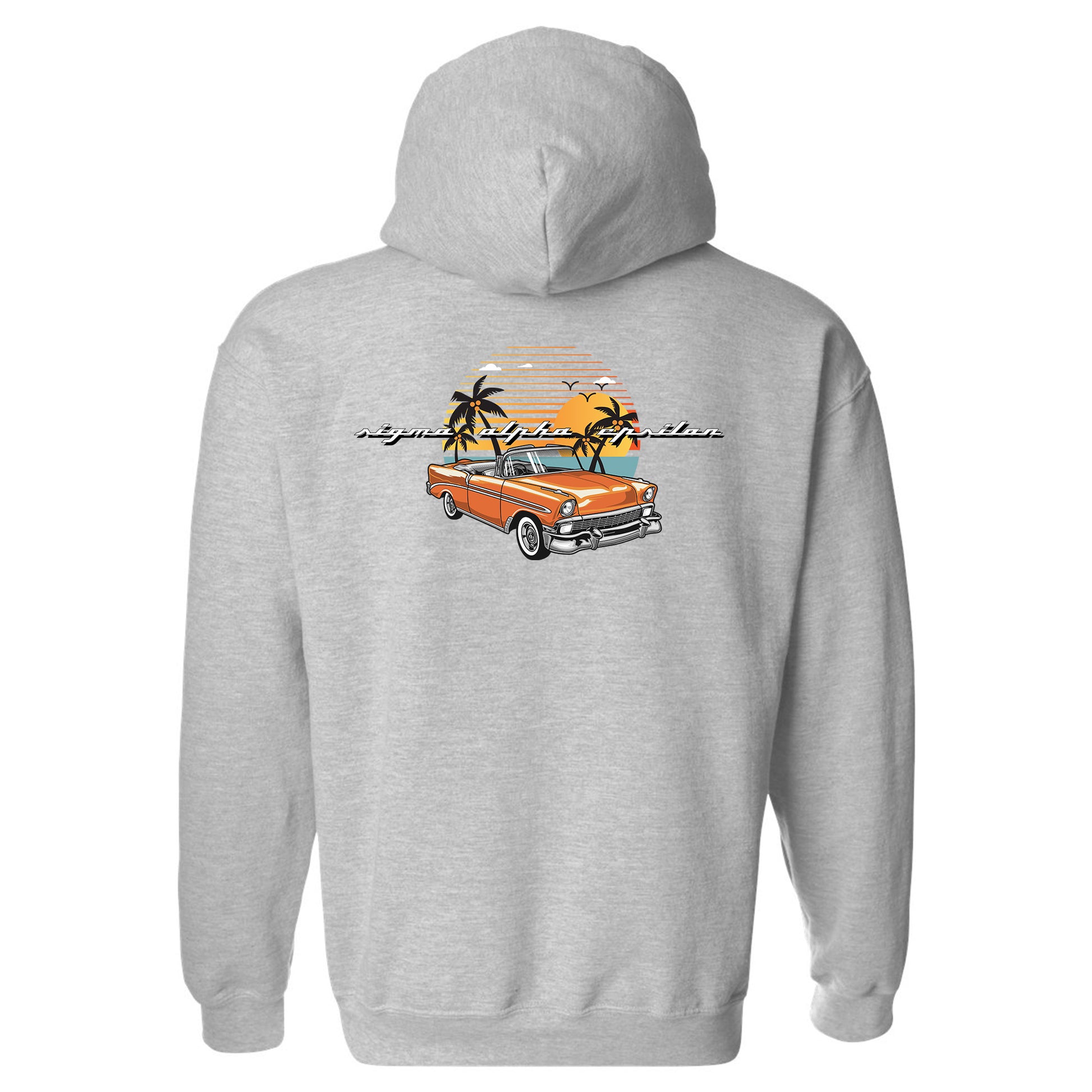 a grey hoodie with an orange truck and palm trees