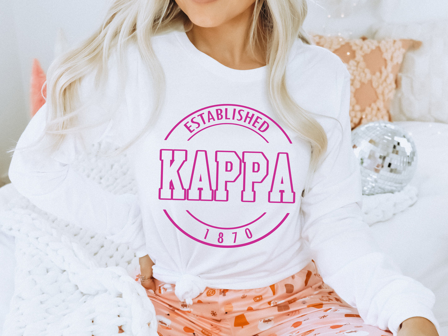 Kappa Kappa Gamma Pink Stamp Sorority Long Sleeve T-shirt _ 68g