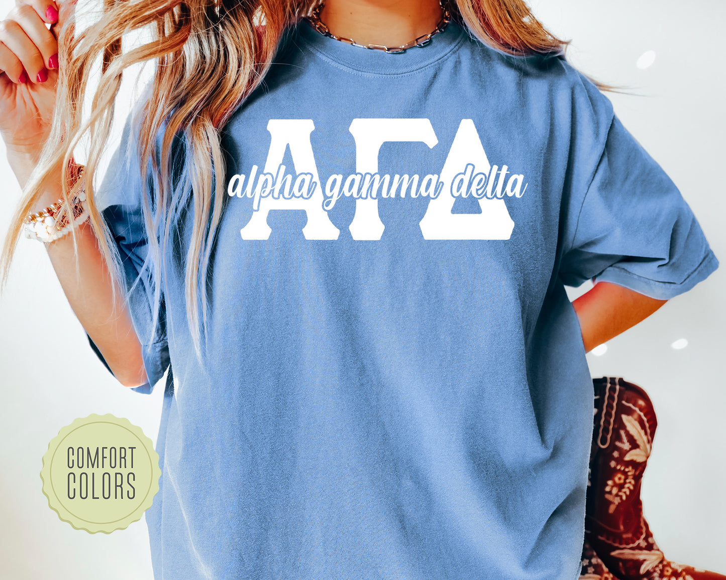 Alpha Gamma Delta Sliced White Letters Comfort Colors Sorority T-shirt _ 2241g