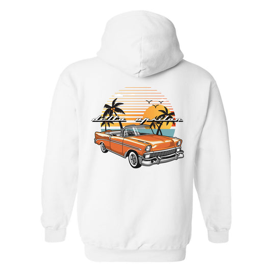a white hoodie with an orange truck and palm trees