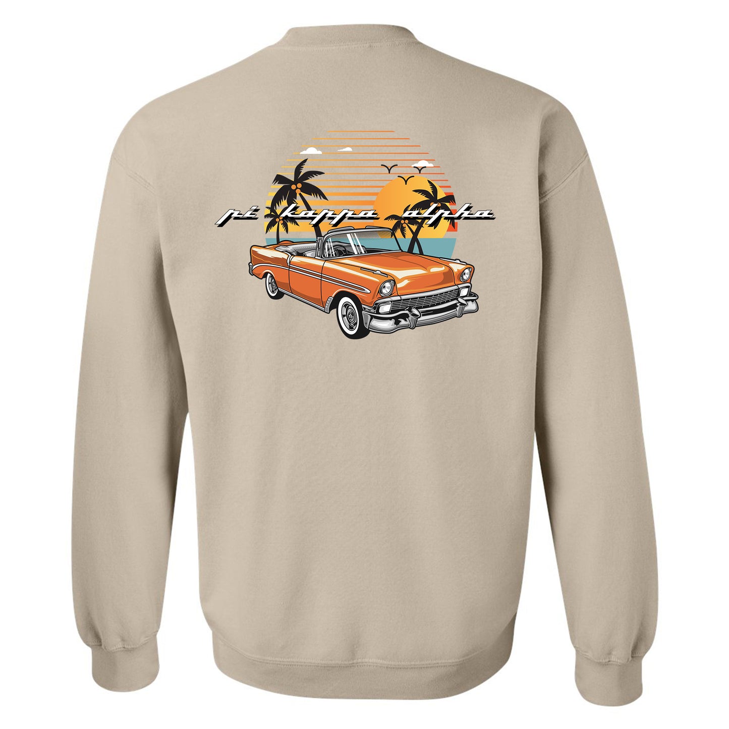 a beige sweatshirt with an orange car and palm trees