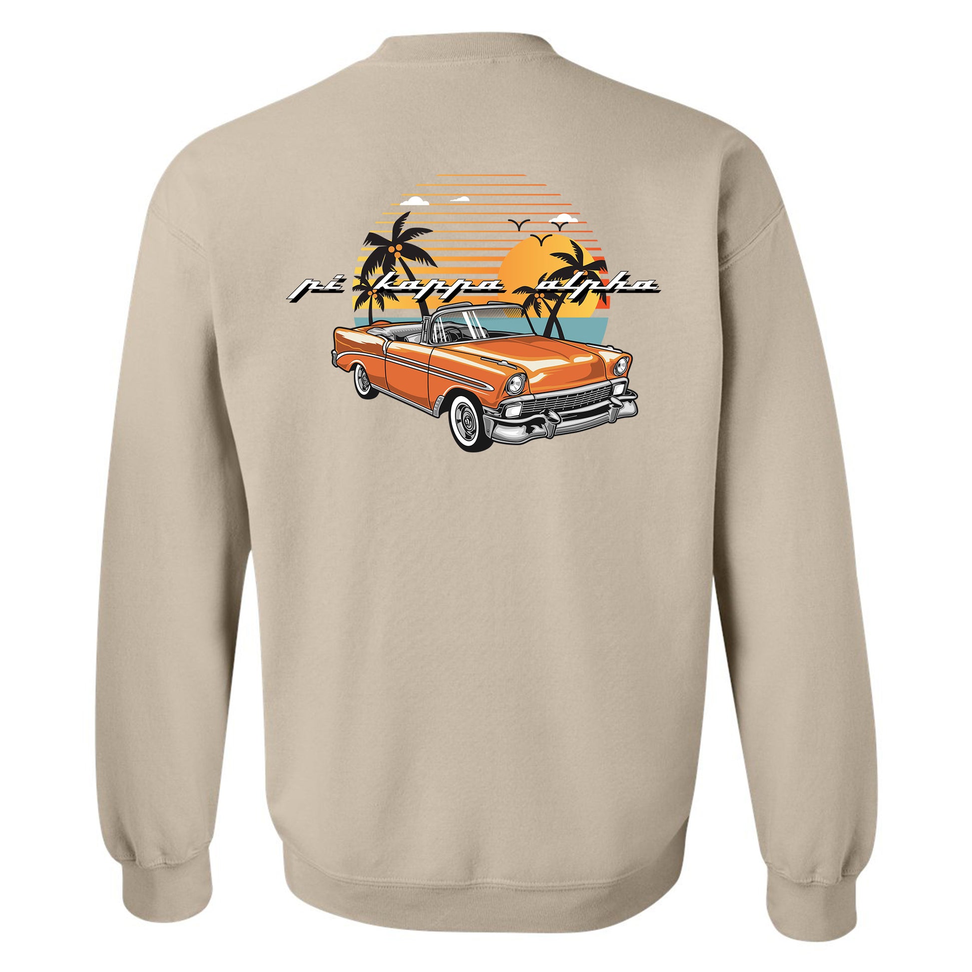 a beige sweatshirt with an orange car and palm trees