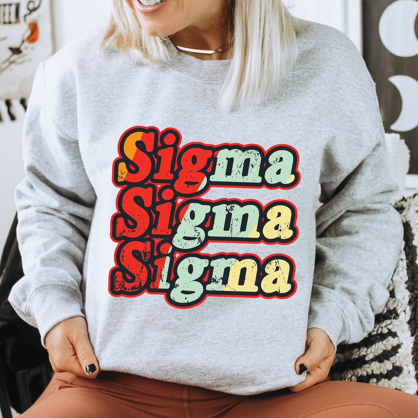 a woman wearing a sweatshirt that says sing sing sing sing