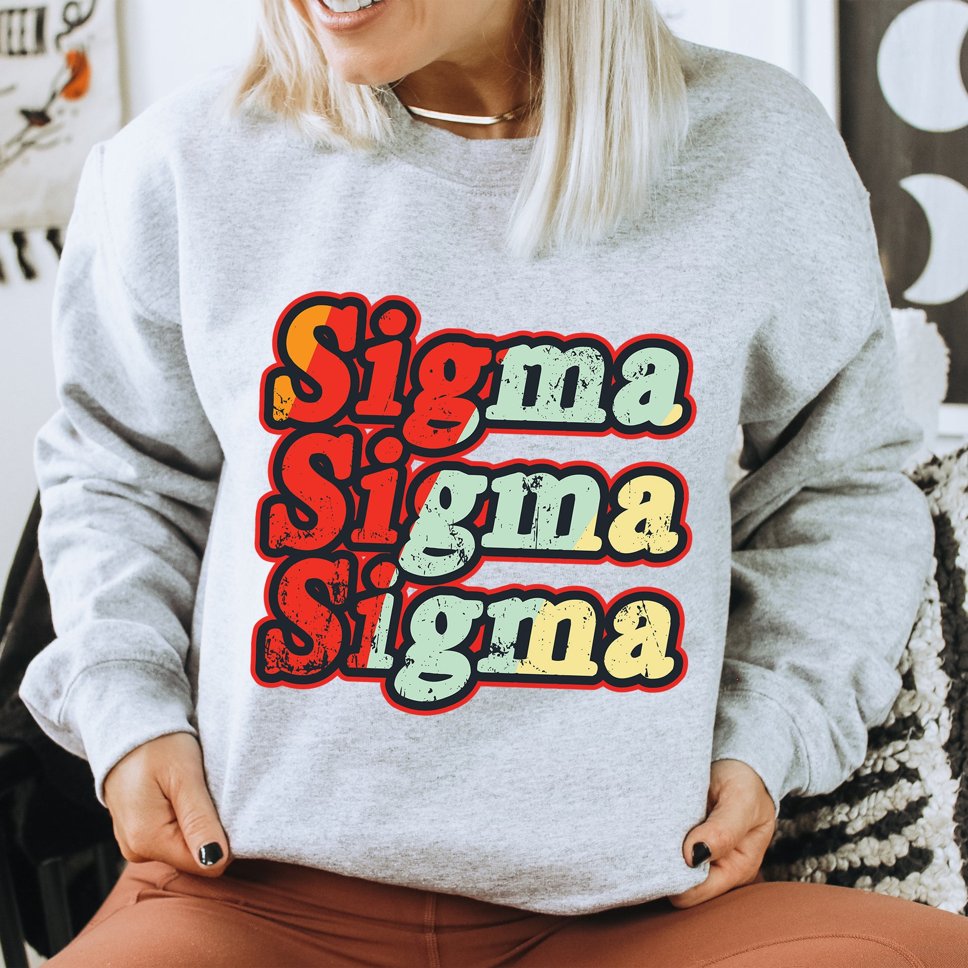 a woman wearing a sweatshirt that says sing sing sing sing