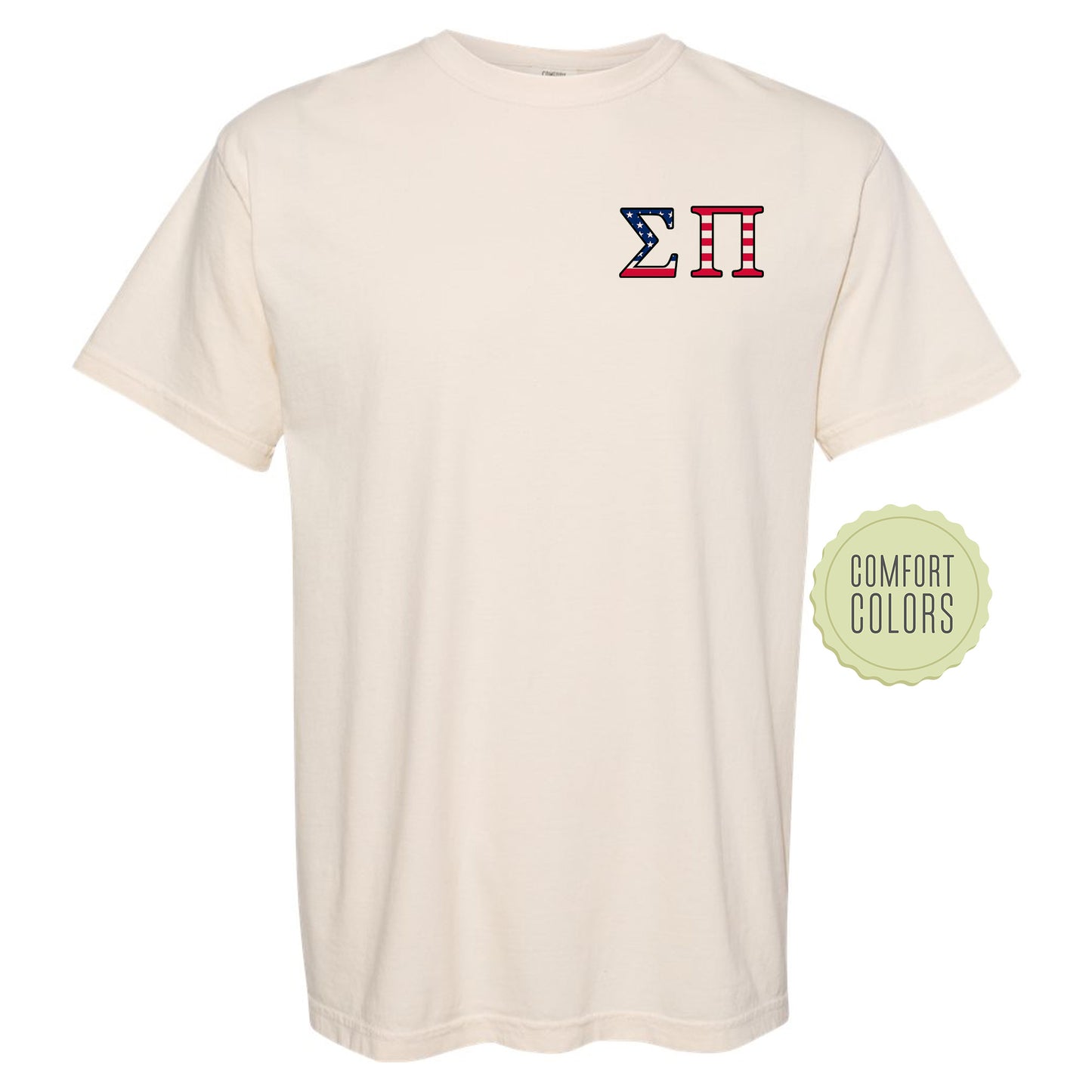 a white t - shirt with a red, white, and blue logo