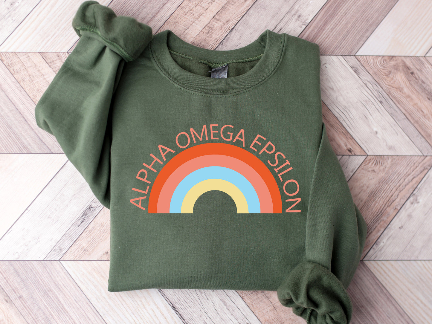 Alpha Omega Epsilon Colorful Rainbow Sorority Sweatshirt  _ 3455g