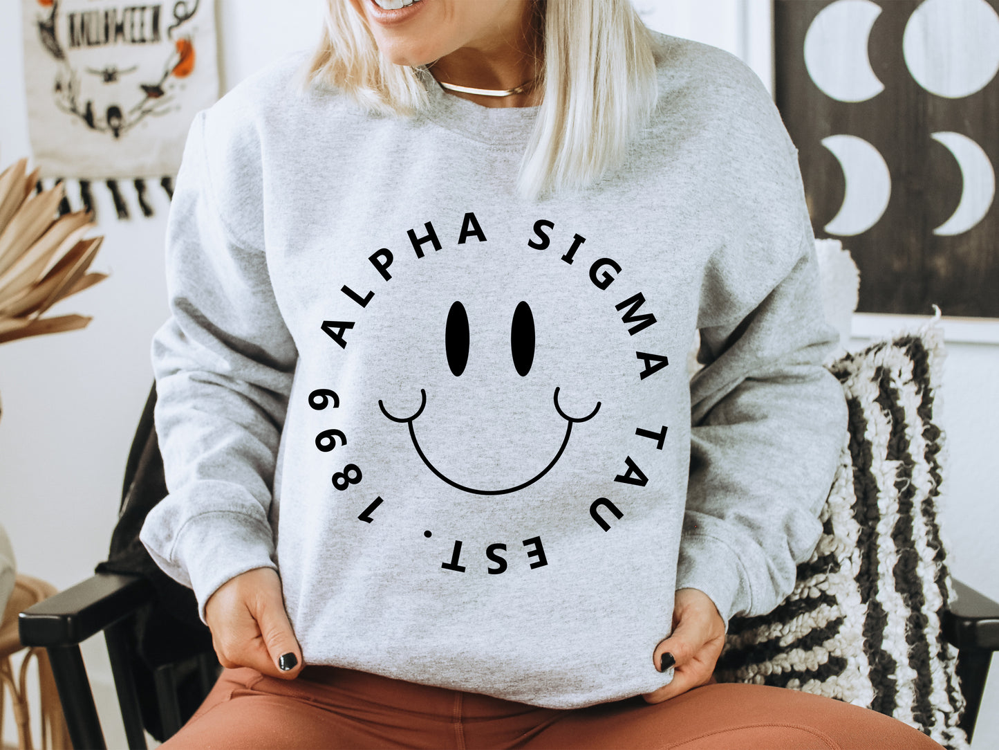 Alpha Sigma Tau Smiley Face Halo Sorority Sweatshirt _ 2506g