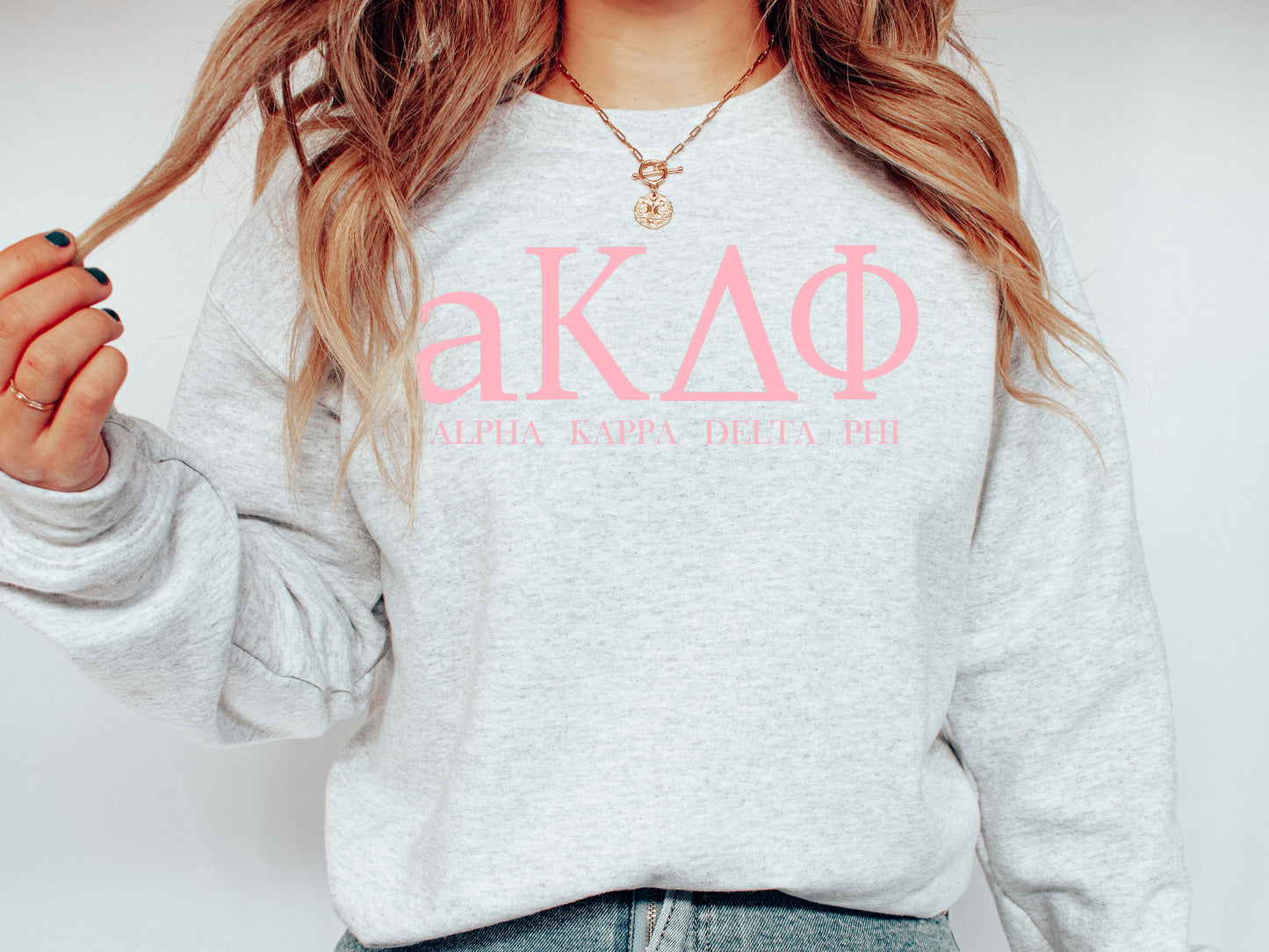Alpha Kappa Delta Phi Pink Letter Sorority Sweatshirt _ 3482g