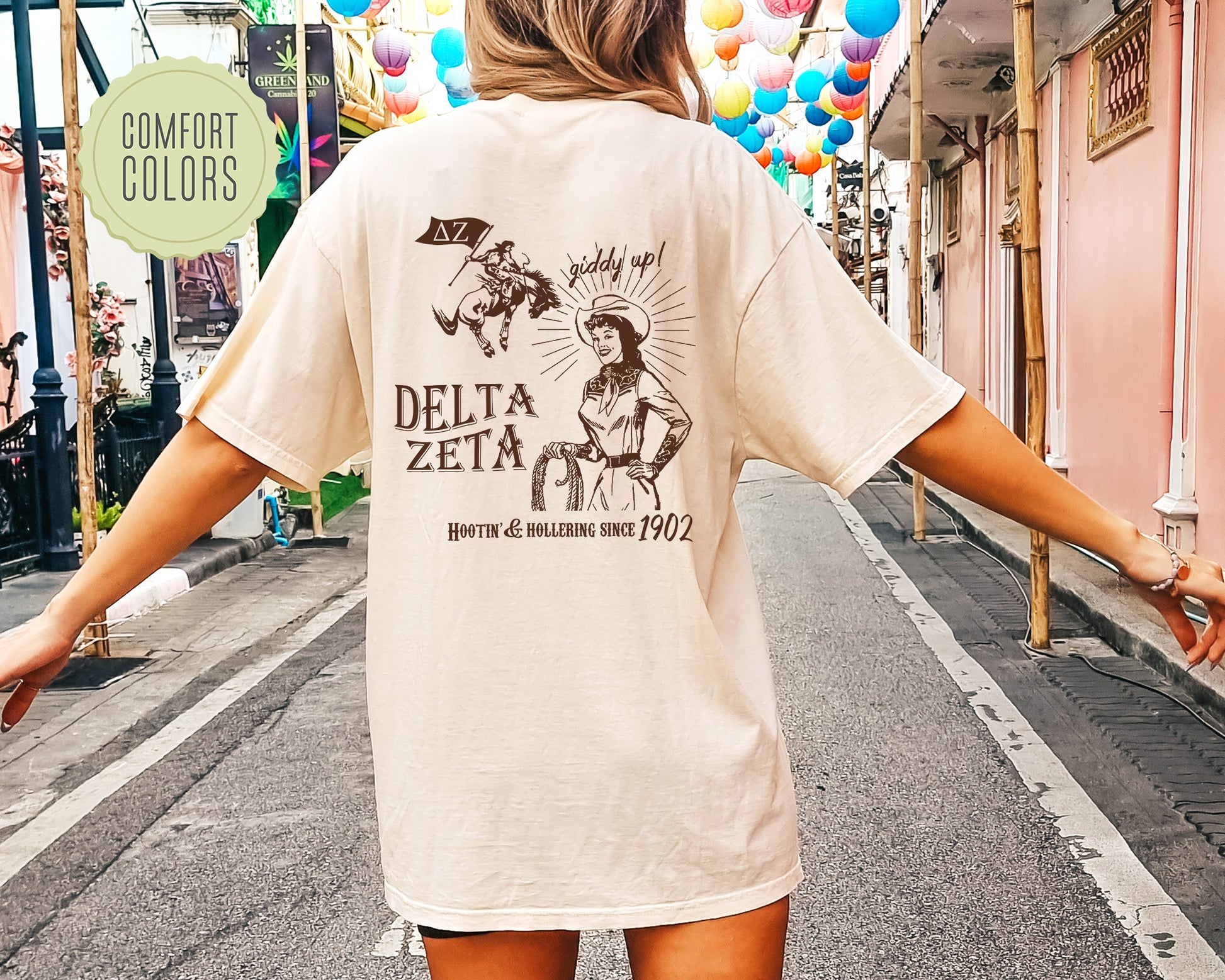a woman walking down a street holding her hands out