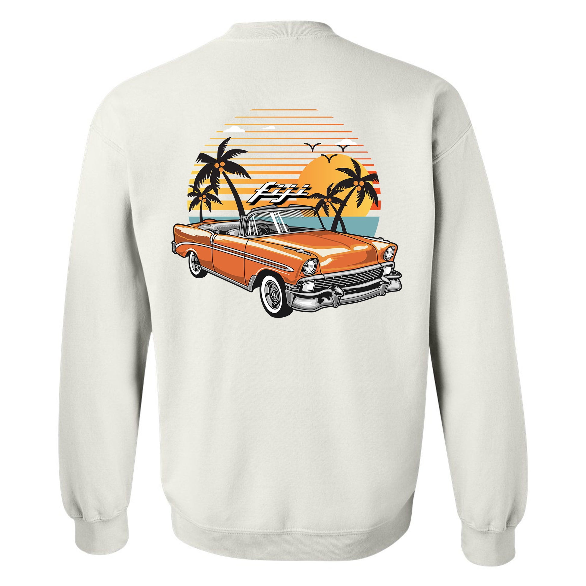 a white sweatshirt with an orange car and palm trees