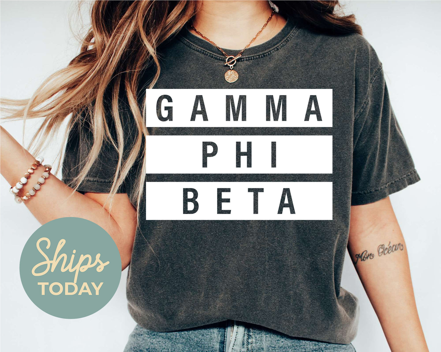 Gamma Phi Beta Faded White Box Sorority T-shirt _ 3347g