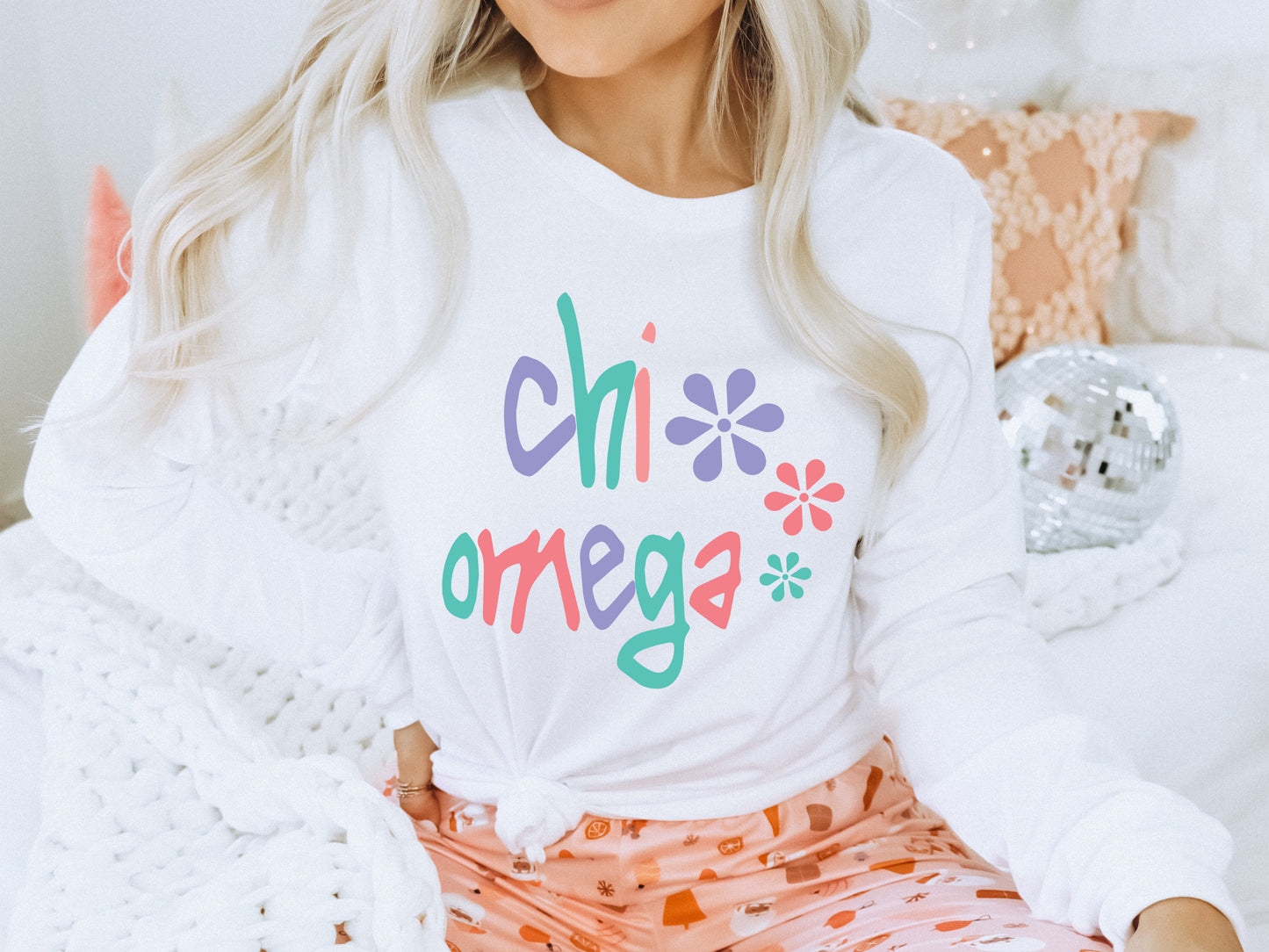 Chi Omega Colorful Floral Sorority Long Sleeve T-shirt _ 2612g