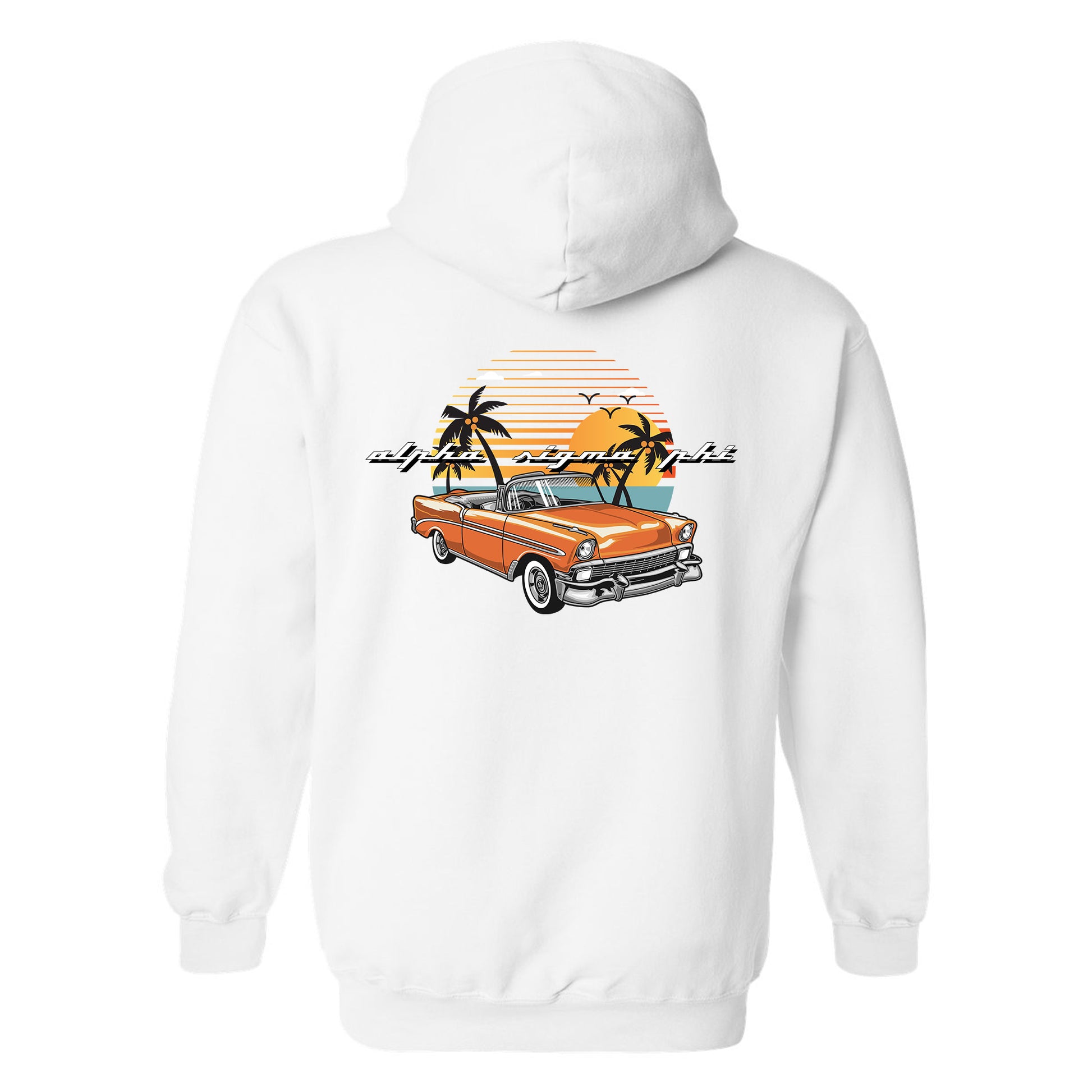 a white hoodie with an orange car and palm trees