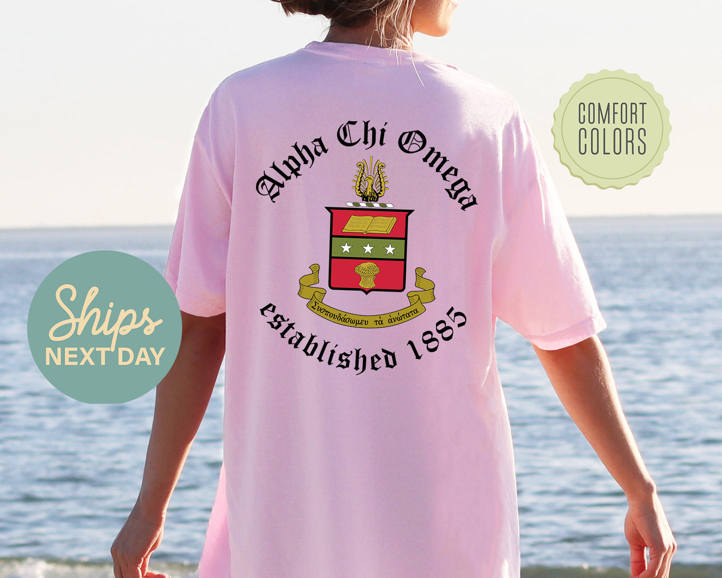Alpha Chi Omega Old English Crest Comfort Colors Sorority T-shirtt _ 32920g