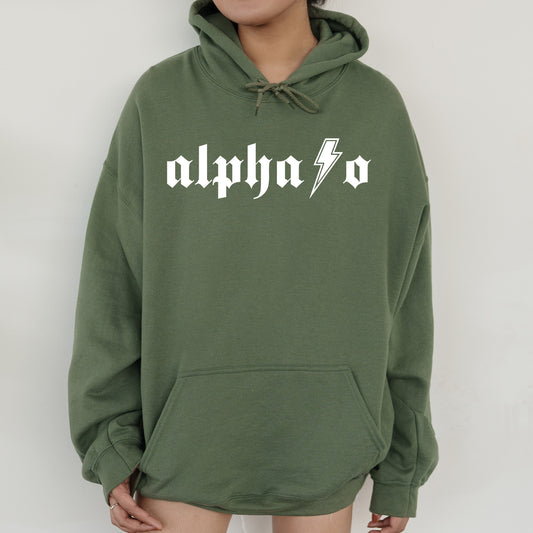 a person wearing a green hoodie with the word alphon on it