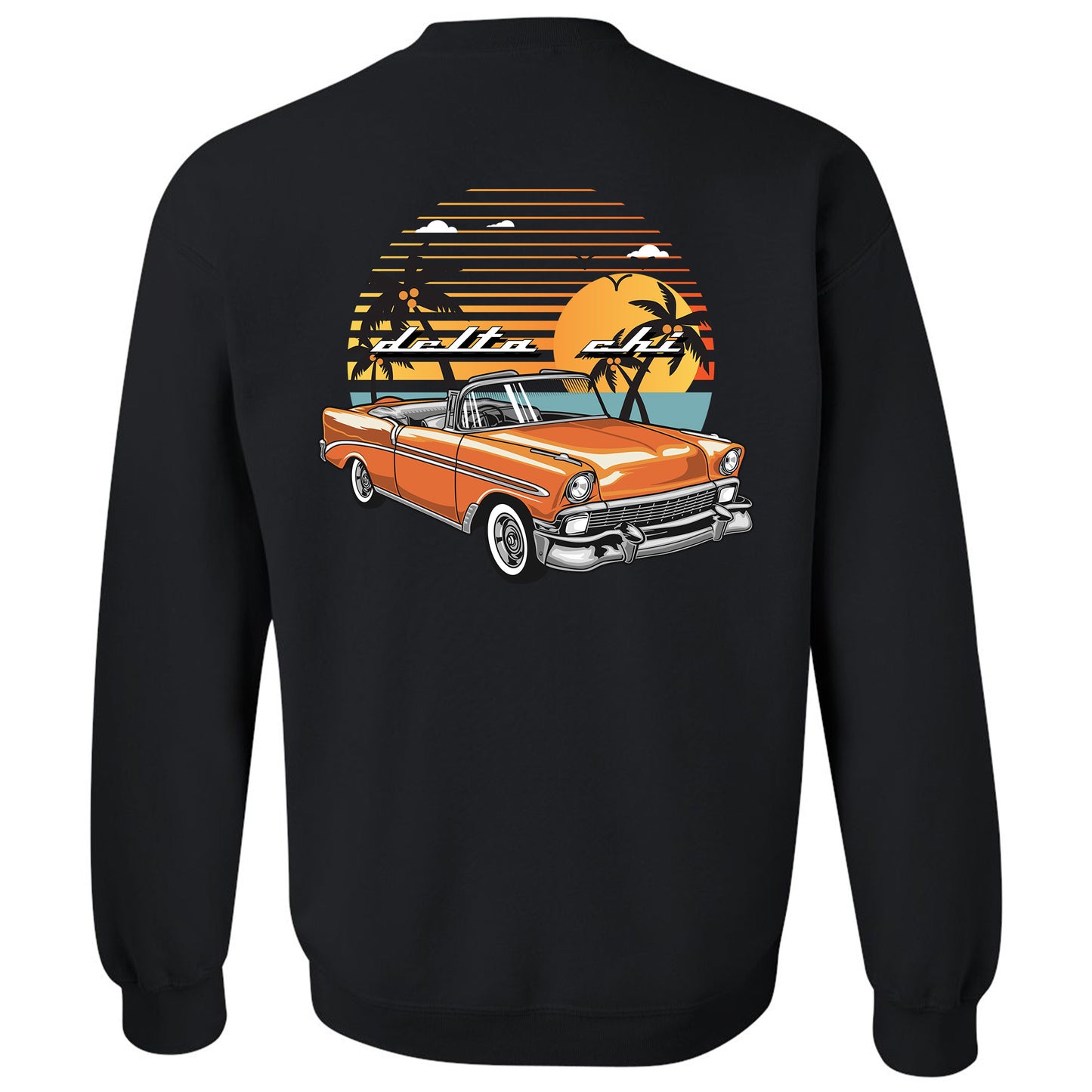a black sweatshirt with an orange car and palm trees
