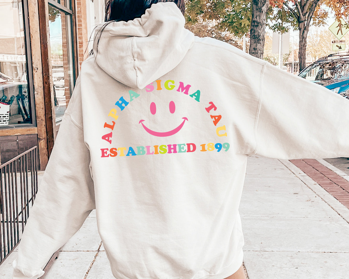 Alpha Sigma Tau Gleaming Smiley Face Sorority Hoodie _ 33057g