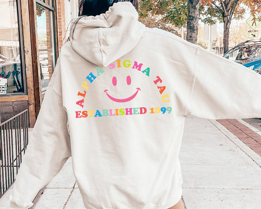 Alpha Sigma Tau Gleaming Smiley Face Sorority Hoodie _ 33057g