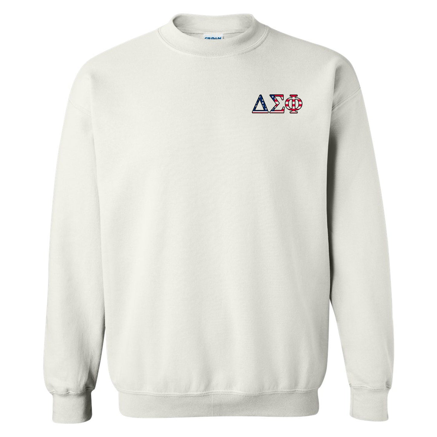 a white sweatshirt with the american flag on it