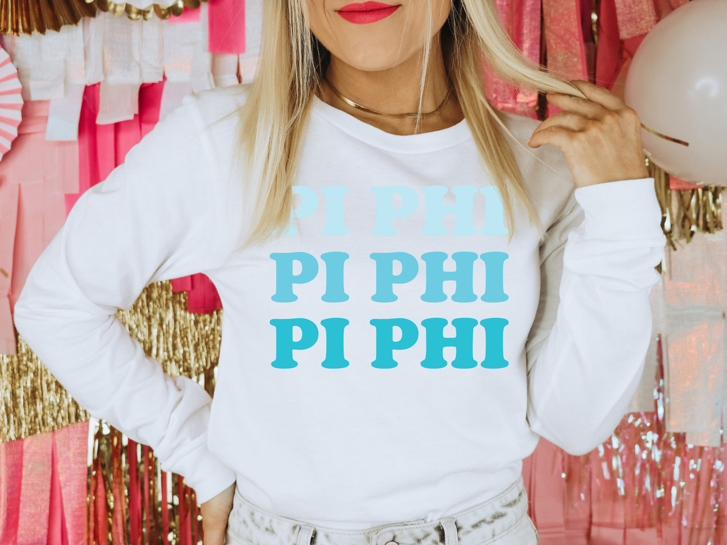 Pi Beta Phi Touch of Blue Sorority Long Sleeve T-shirt _ 2597g