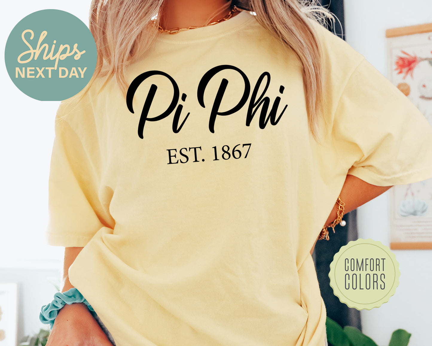 Pi Beta Phi Black Flowy Comfort Colors Sorority T-shirt  _ 97g