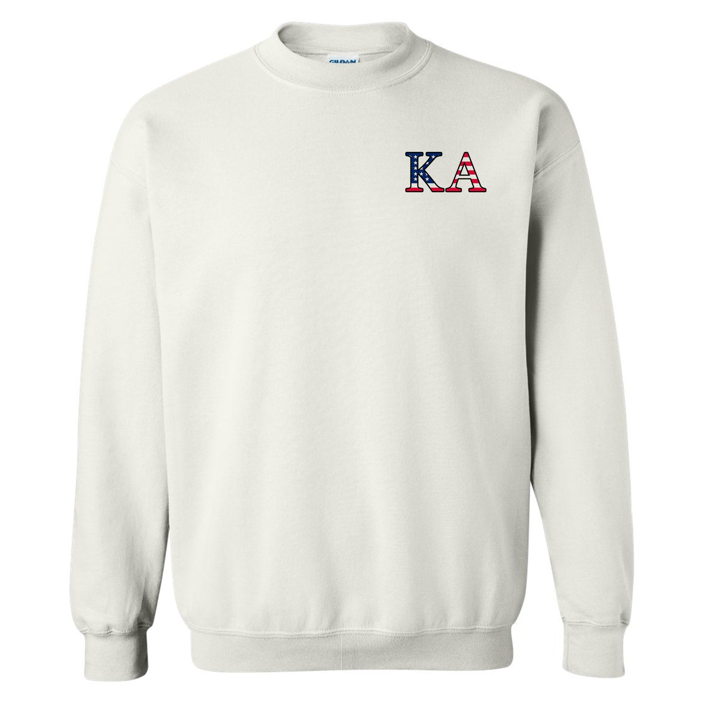 a white sweatshirt with the letters a and a in red, white, and blue