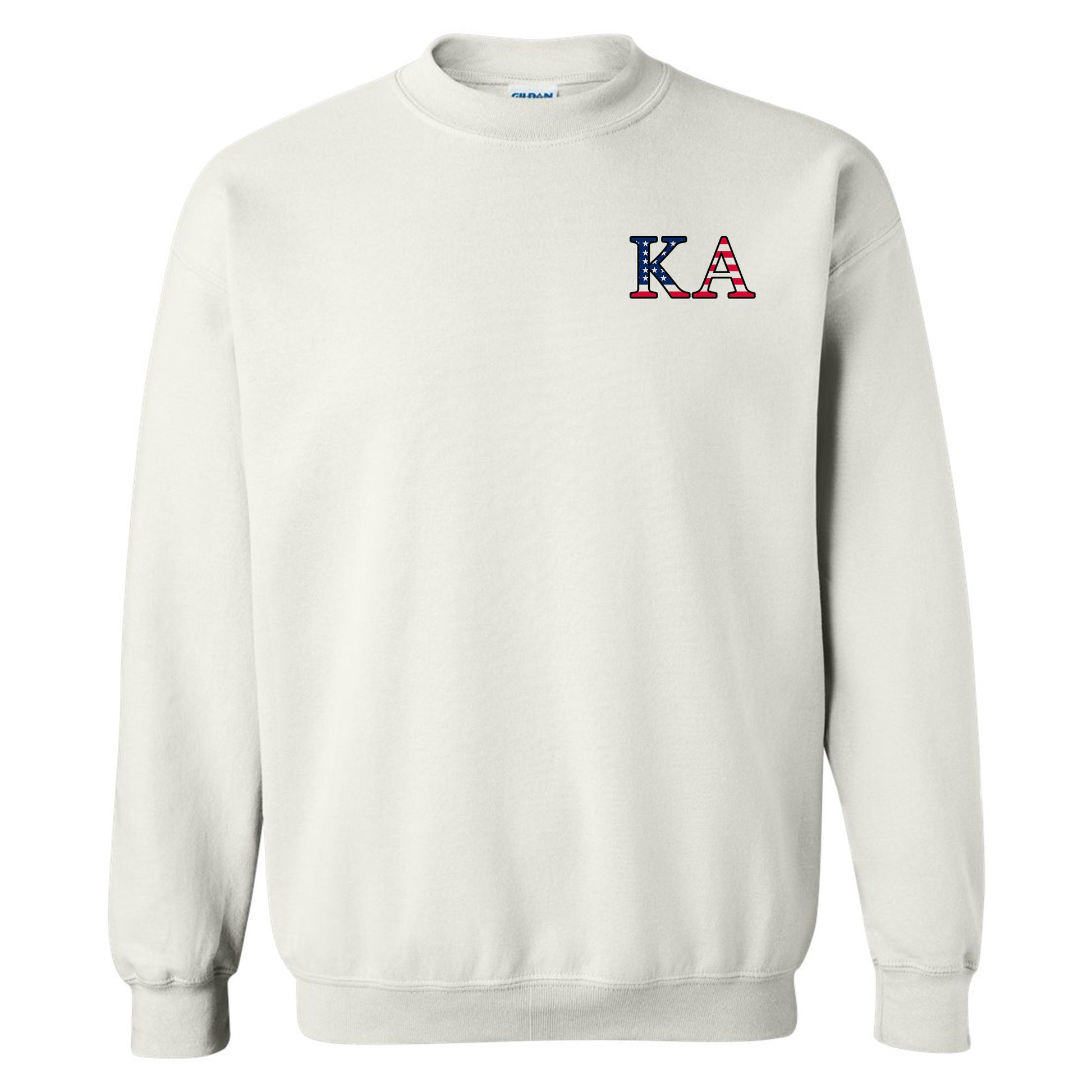 a white sweatshirt with the letters a and a in red, white, and blue