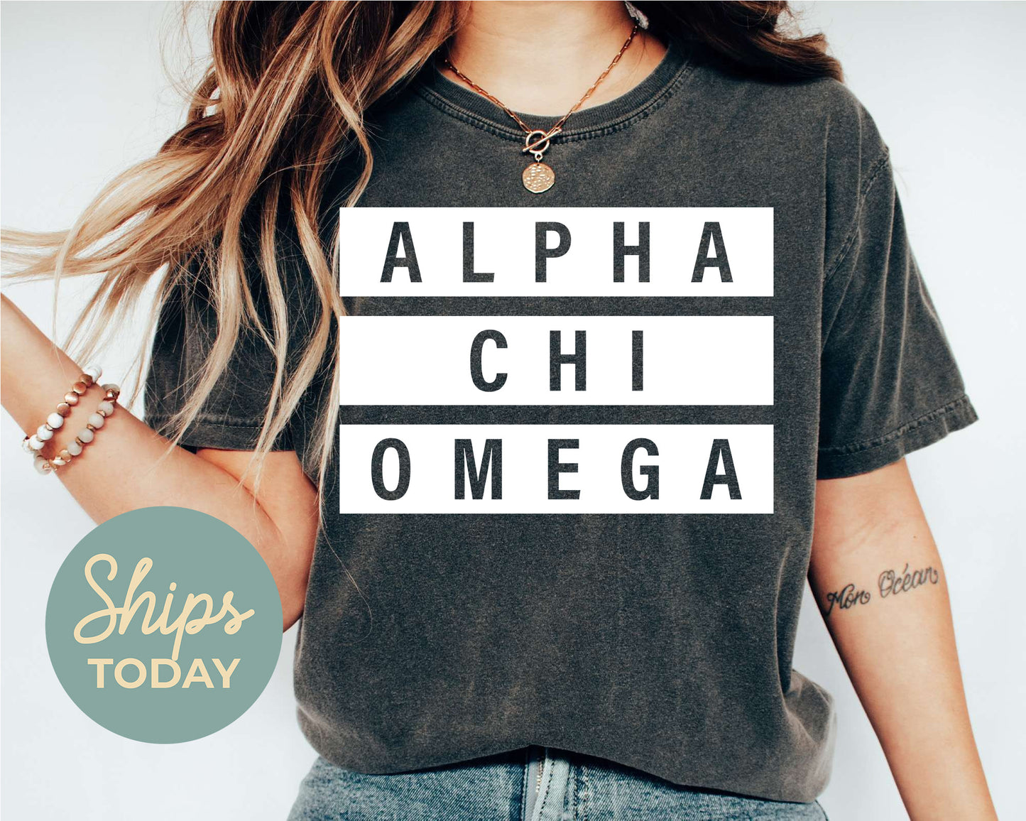 Alpha Chi Omega Faded White Box Sorority T-shirt _ 3333g