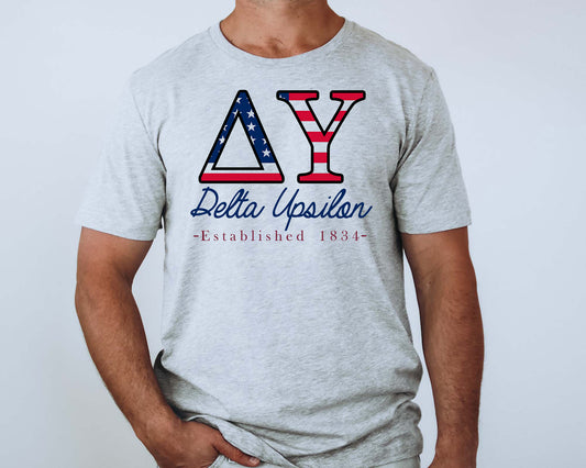 Delta Upsilon American Flag Letters Fraternity T-shirt _ 1164g