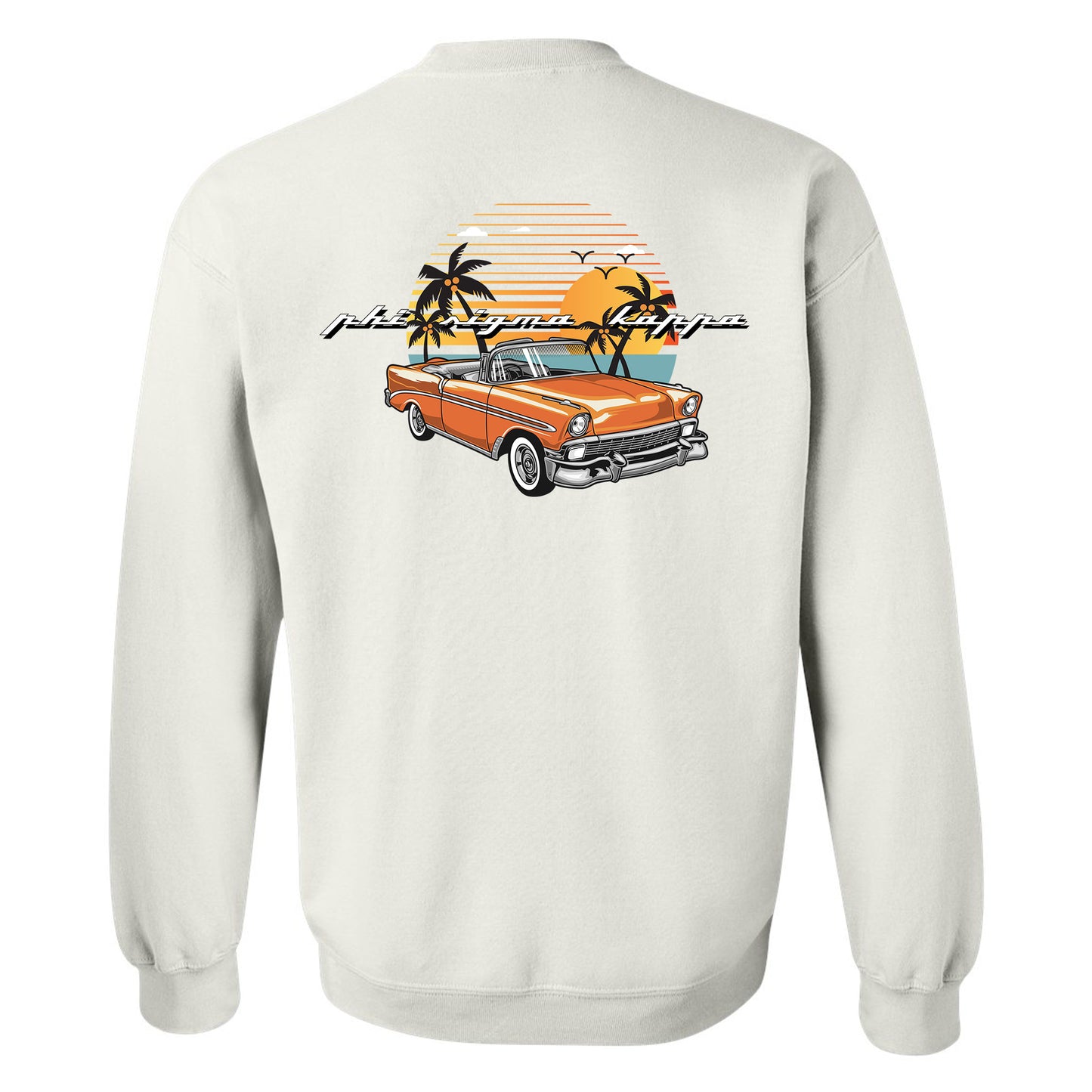 a white sweatshirt with an orange car and palm trees