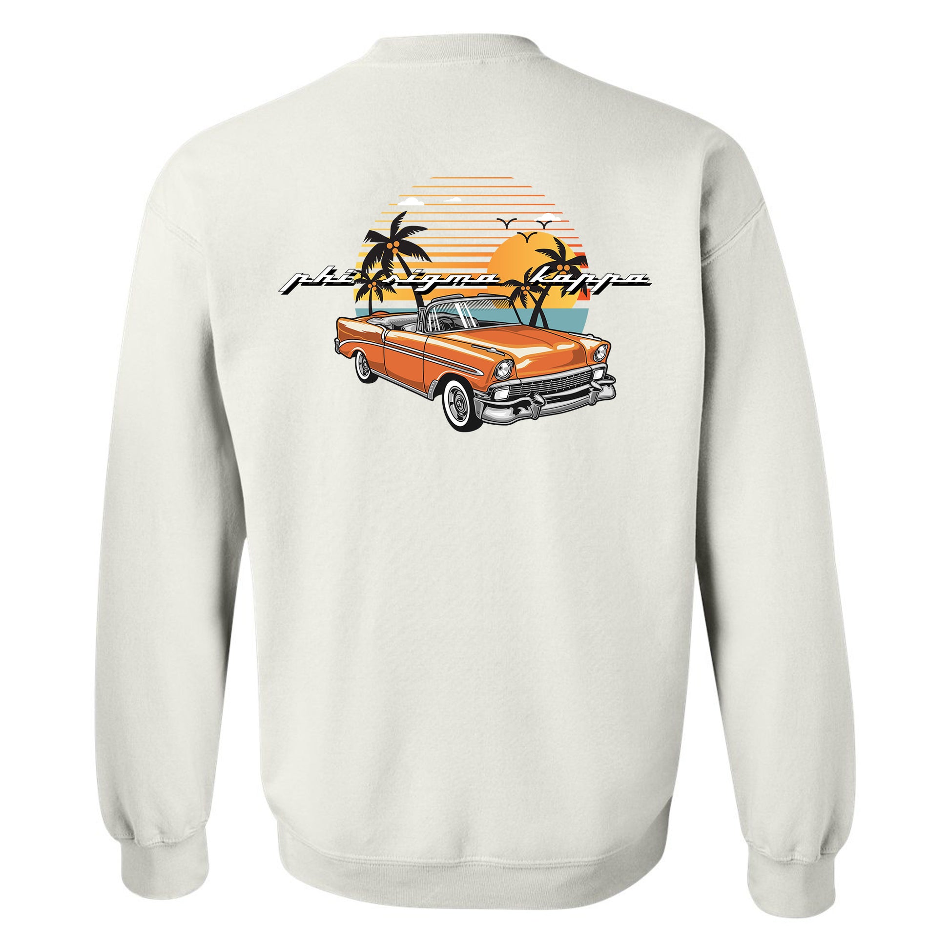 a white sweatshirt with an orange car and palm trees
