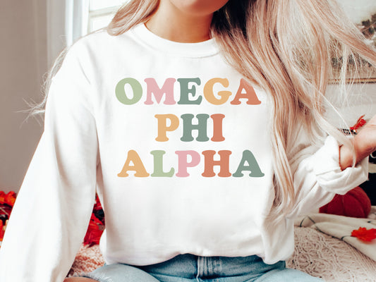 Omega Phi Alpha Bright and Colorful Sorority Sweatshirt _ 3476g