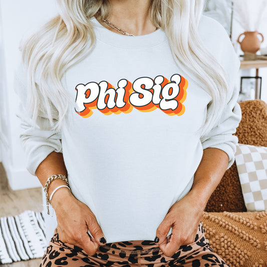 a woman wearing a white sweatshirt with the word phi si on it