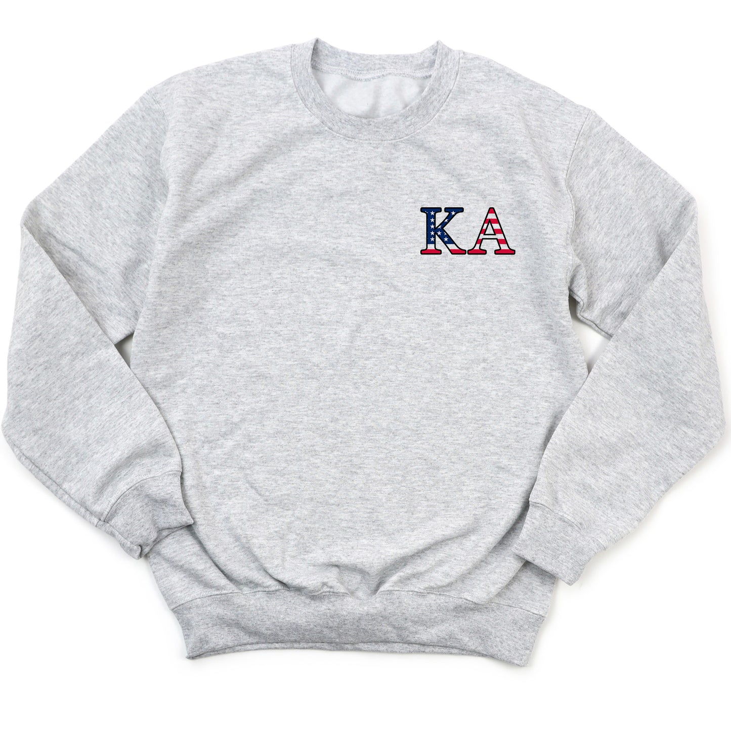 a grey sweatshirt with the letters k a in red, white, and blue