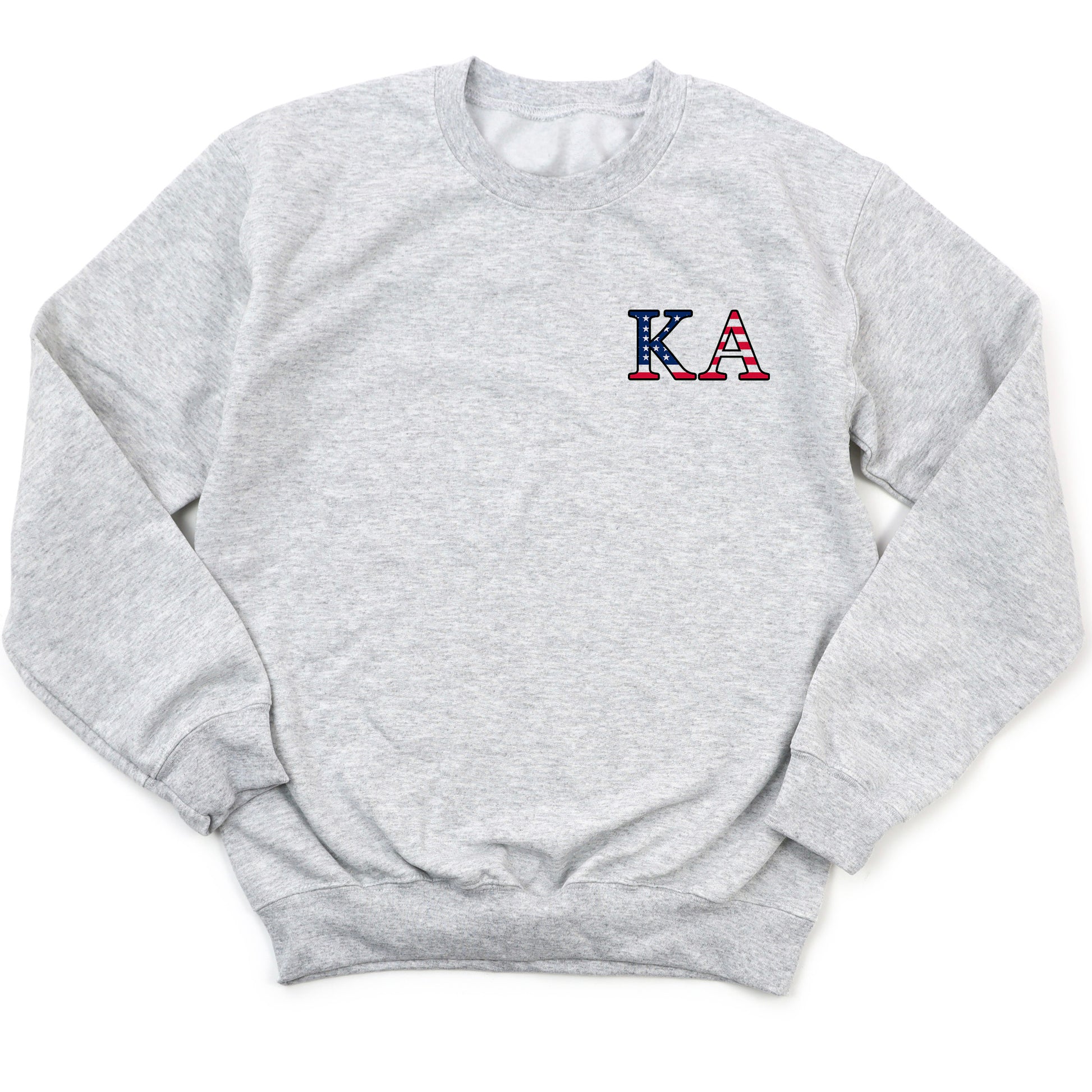 a grey sweatshirt with the letters k a in red, white, and blue