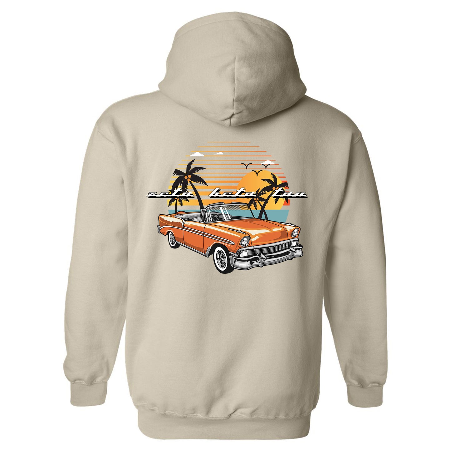 a hoodie with an orange car and palm trees