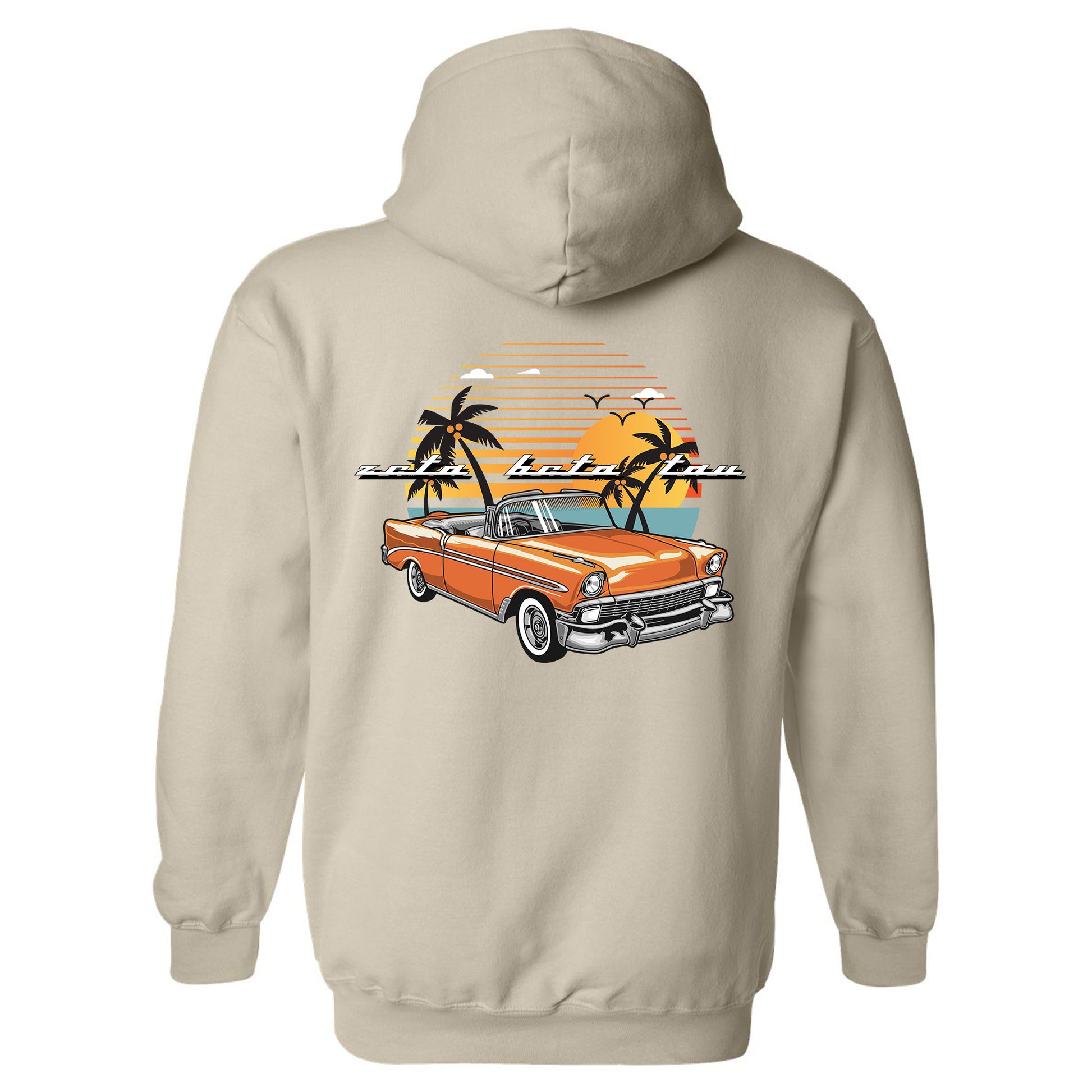 a hoodie with an orange car and palm trees