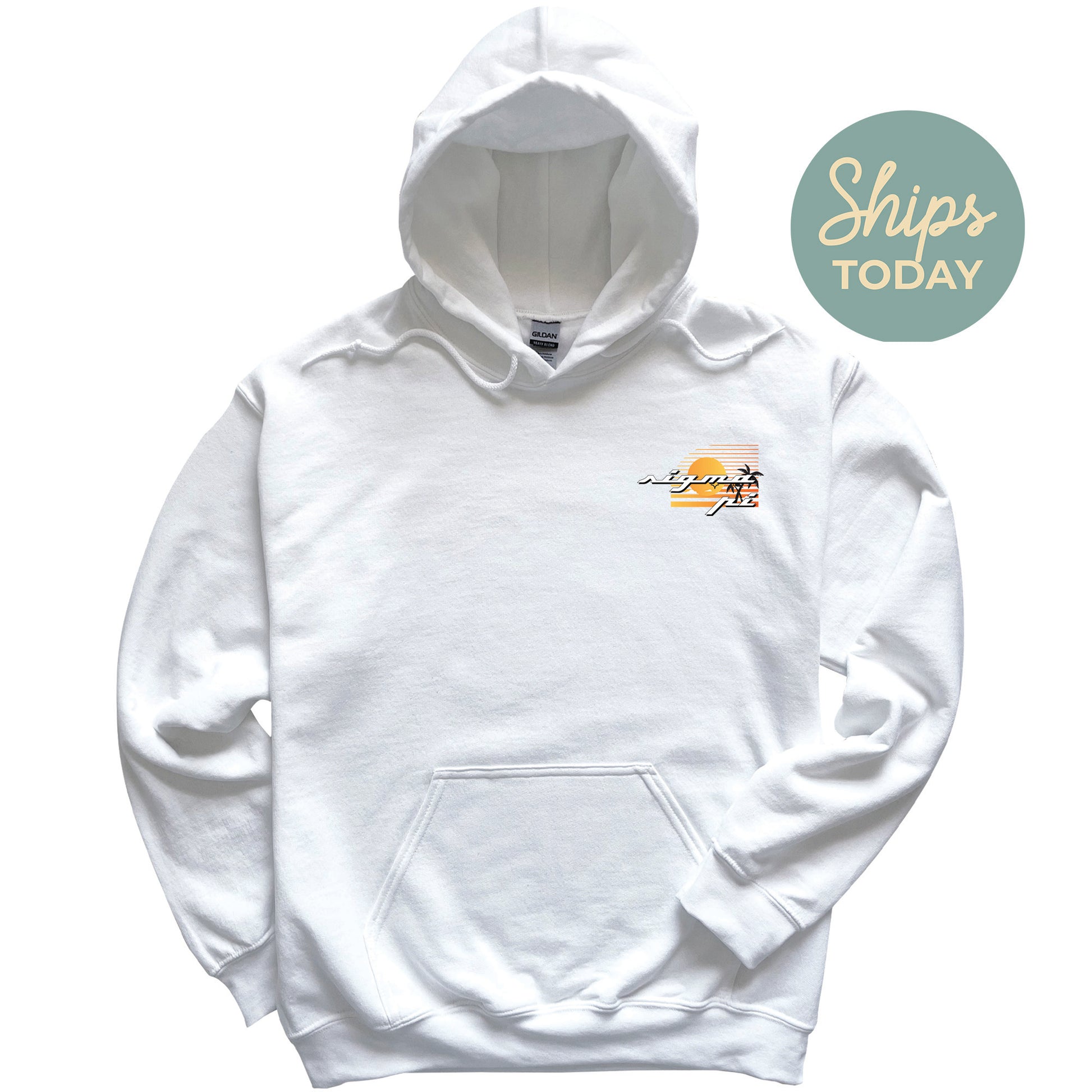 a white hoodie with the words ships today on it