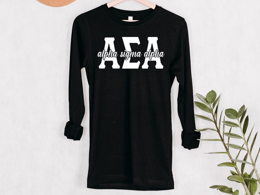Alpha Sigma Alpha Sliced White Letters Sorority Long Sleeve T-shirt _ 2244g