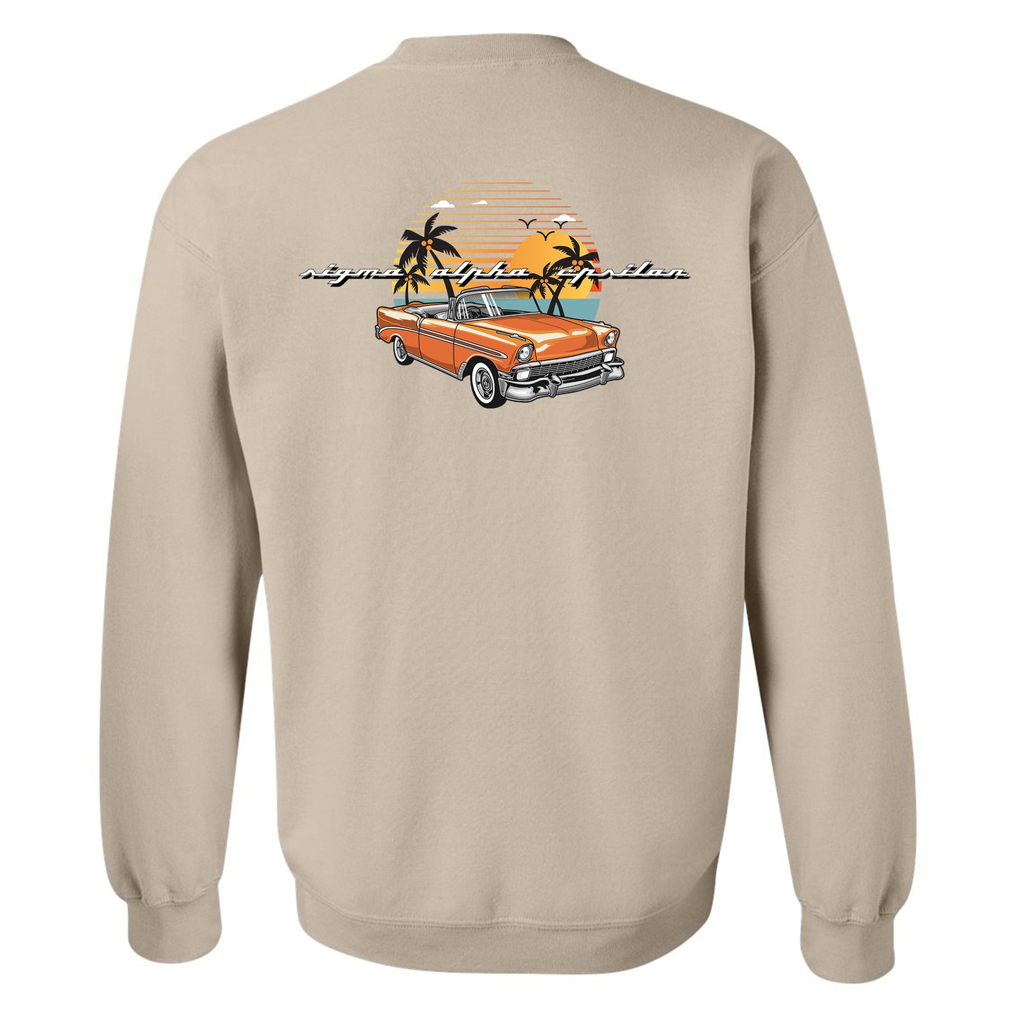 a beige sweatshirt with an orange car and palm trees