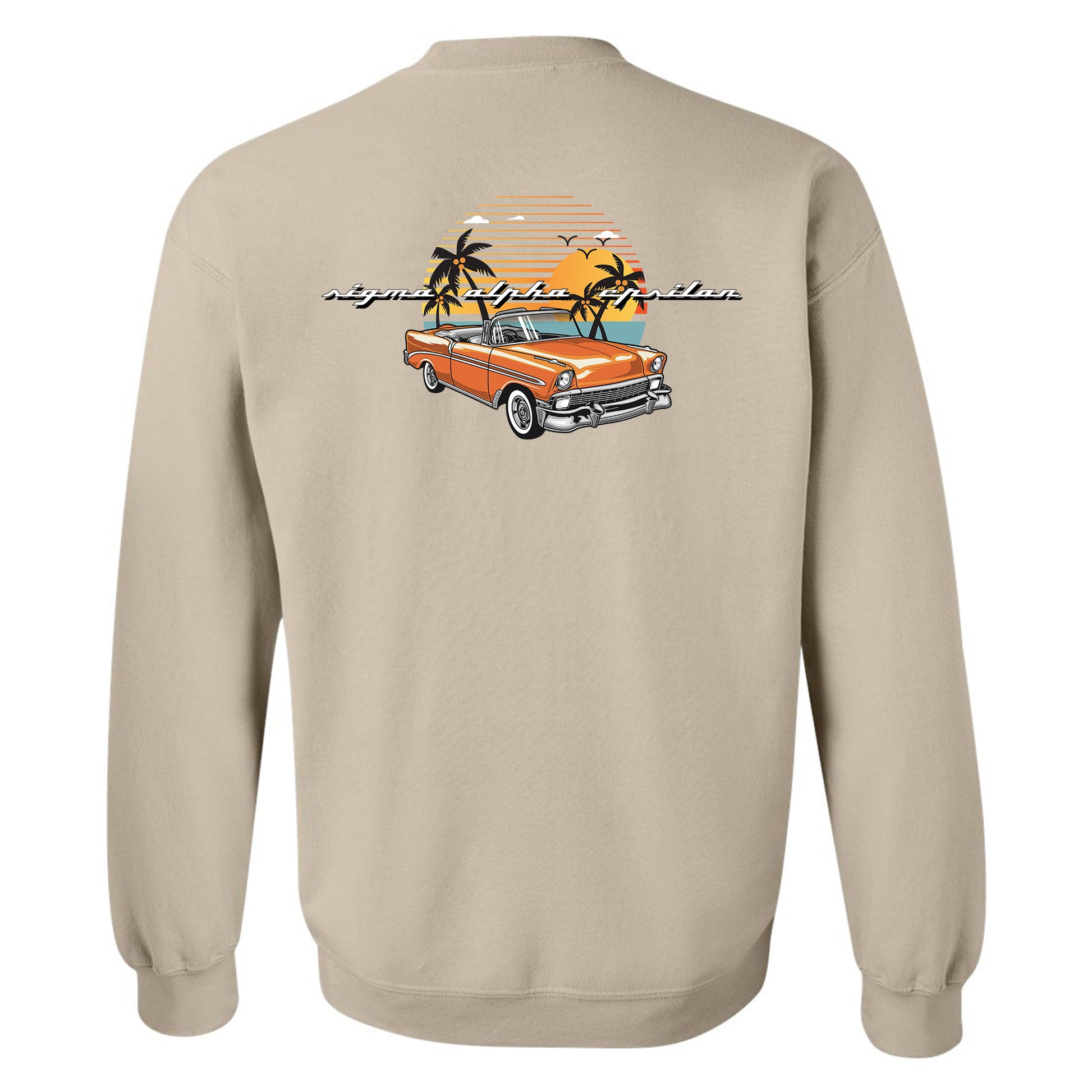 a beige sweatshirt with an orange car and palm trees