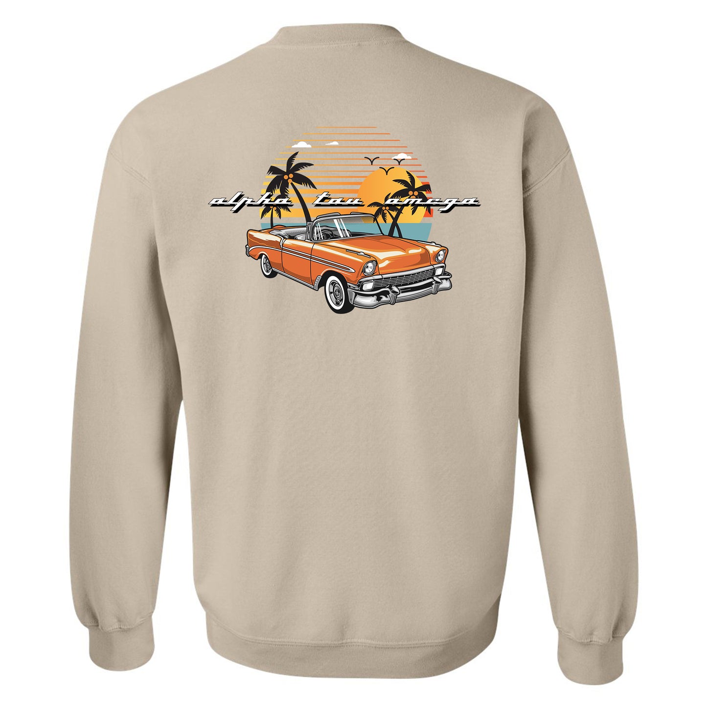 a beige sweatshirt with an orange car and palm trees