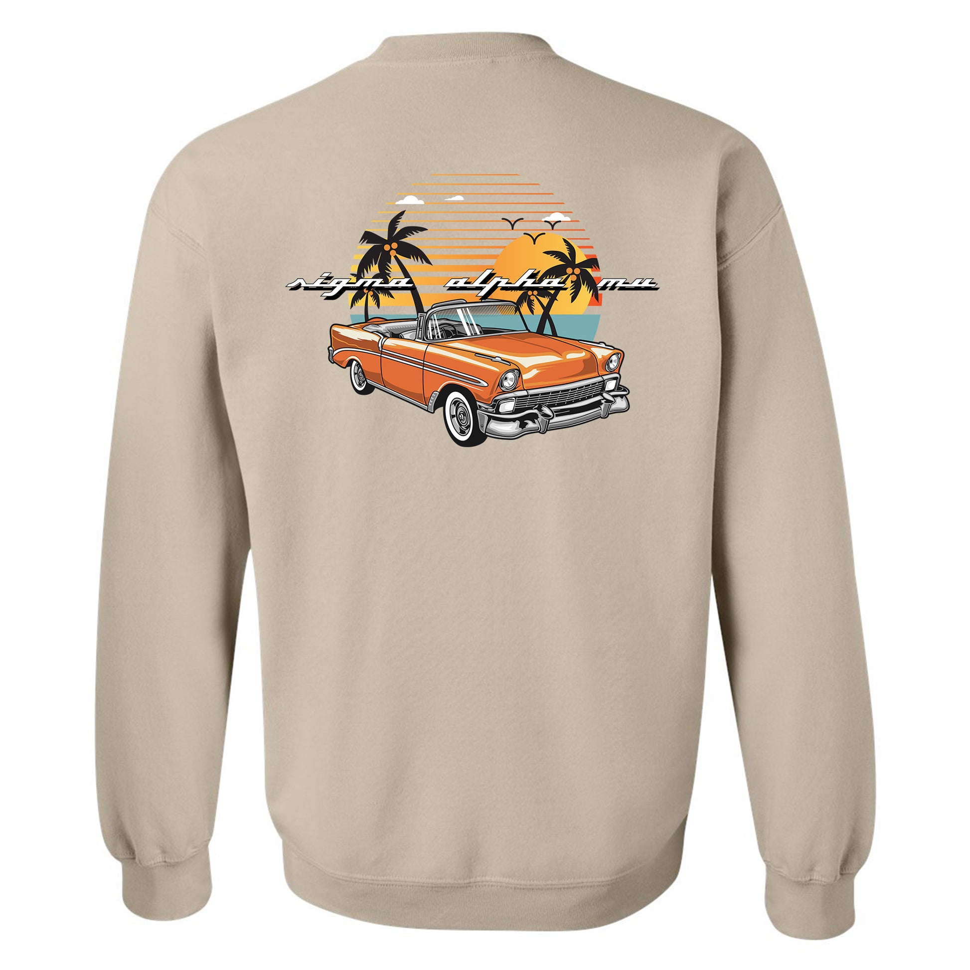 an orange car with palm trees in the background