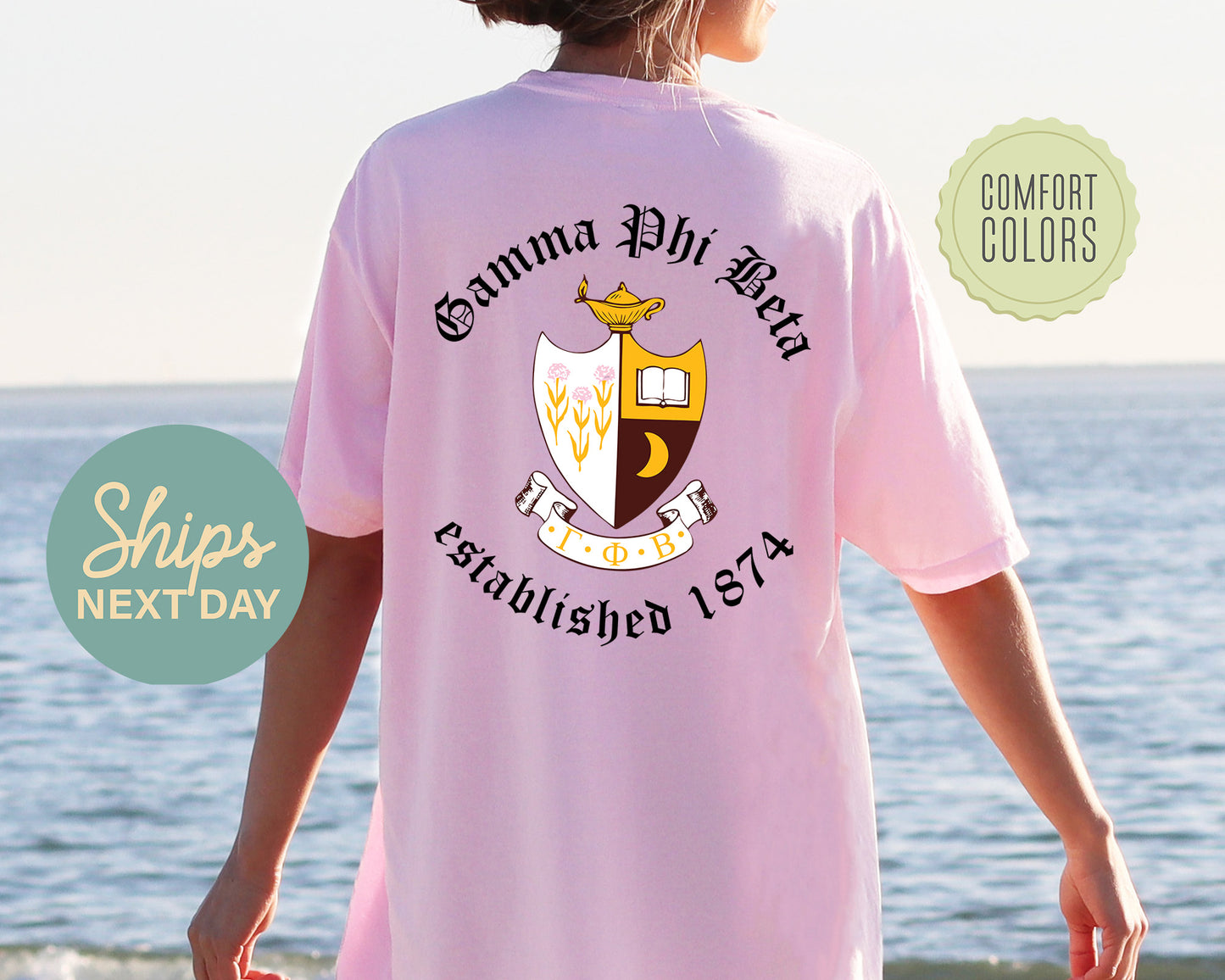 Gamma Phi Beta Old English Crest Comfort Colors Sorority T-shirt _ 32934g