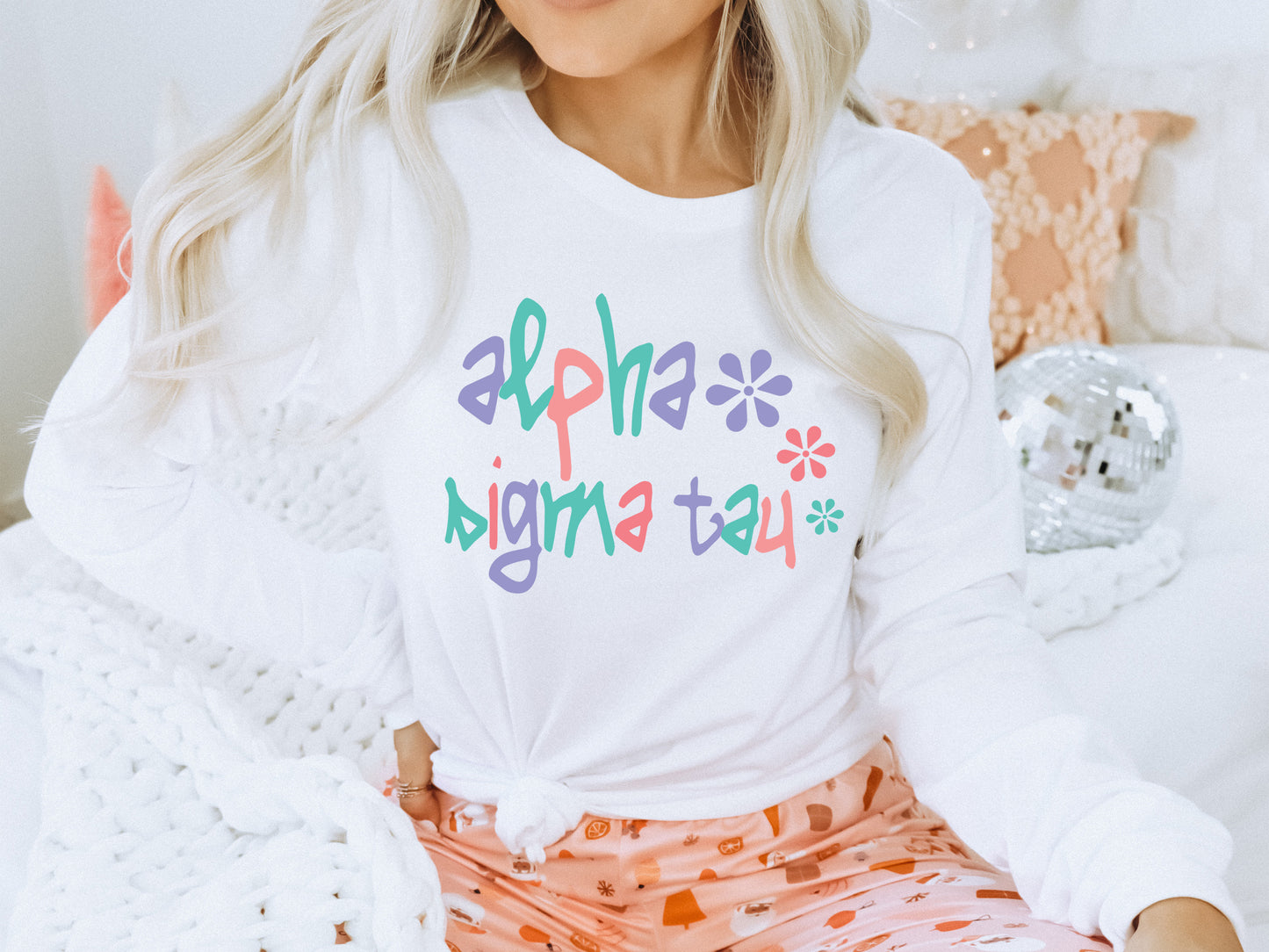 Alpha Sigma Tau Colorful Floral Sorority Long Sleeve T-shirt _ 2610g
