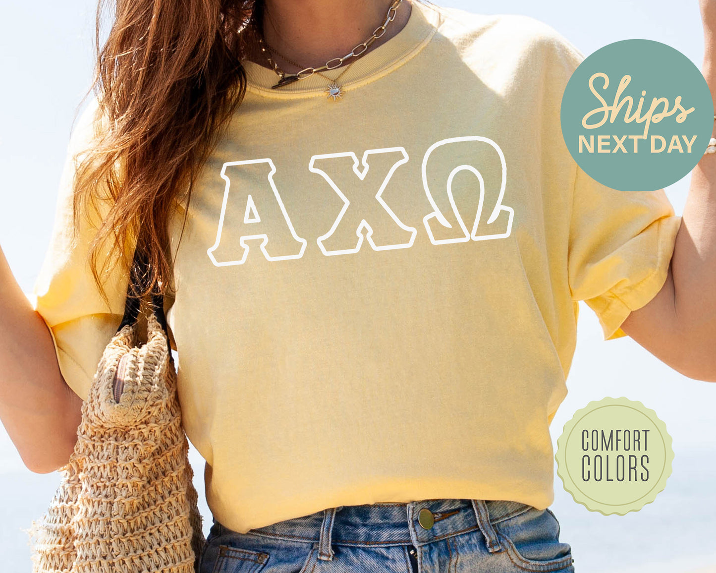 Alpha Chi Omega White Letter Outline Comfort Colors Sorority T-shirt _ 30791g