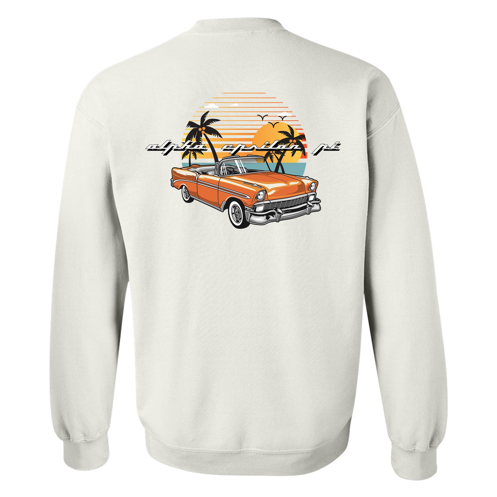 a white sweatshirt with an orange car and palm trees