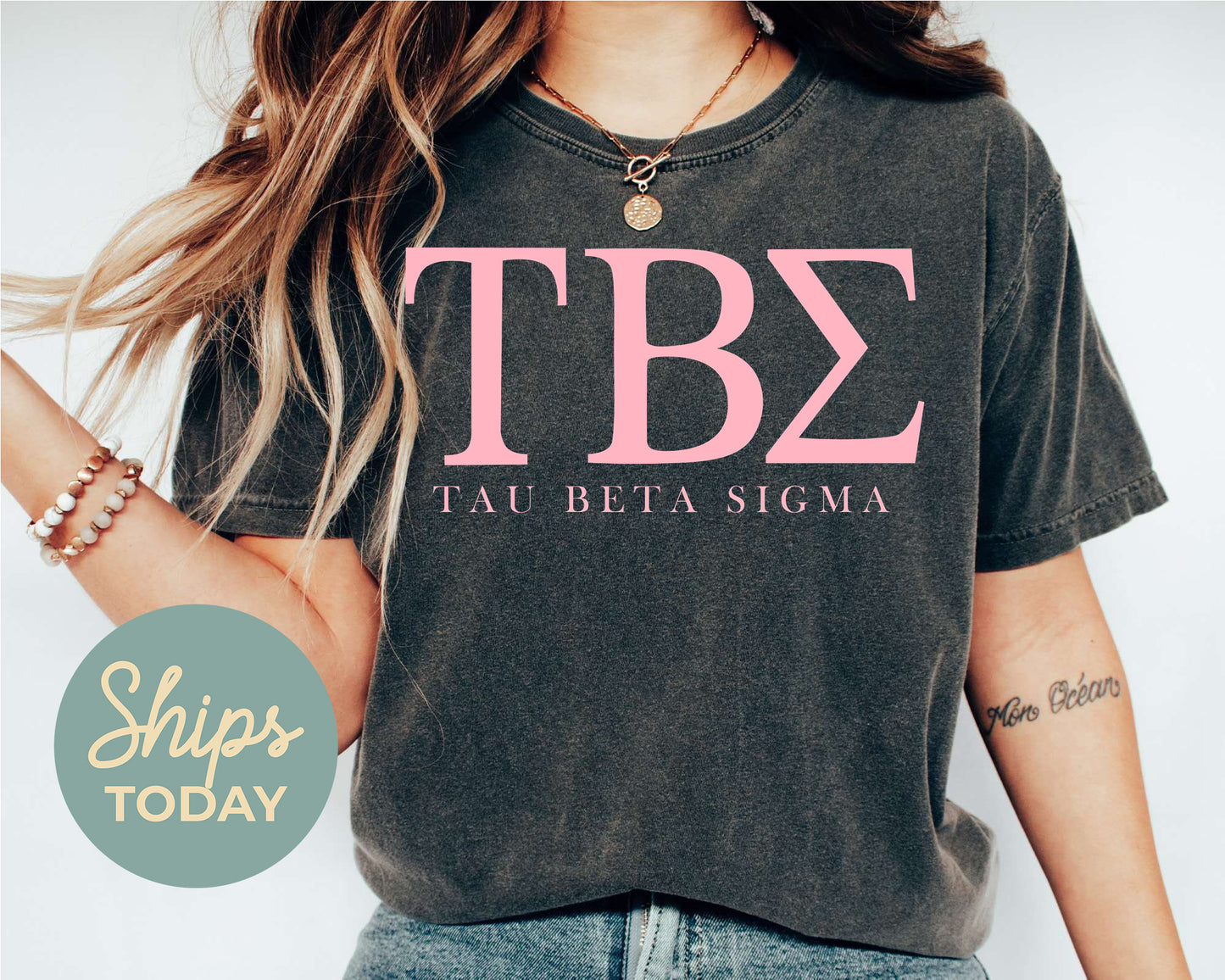 Tau Beta Sigma Pink Letter Sorority T-shirt _ 3494g