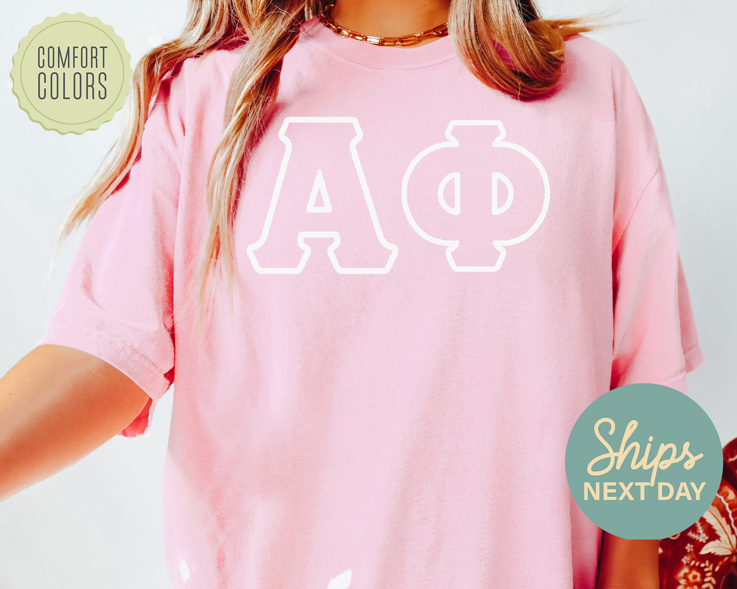 Alpha Phi White Letter Outline Comfort Colors Sorority T-shirt _ 30796g